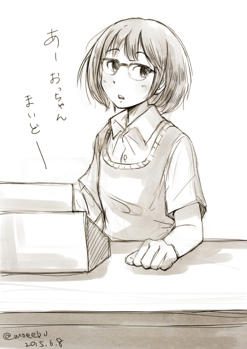 メガネをかけた少女がレジカウンターに立つモノクロイラスト