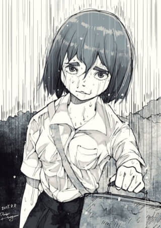 雨の中で佇む少女のイラスト。