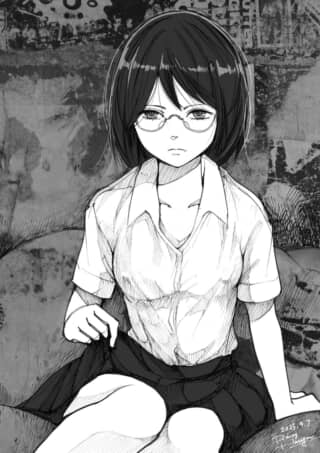 メガネの少女が座っているイラスト。