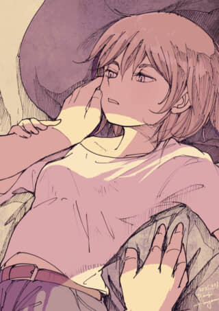 手を頬に添える人物のイラスト