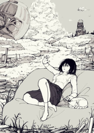 風景の中で休む女性と猫。