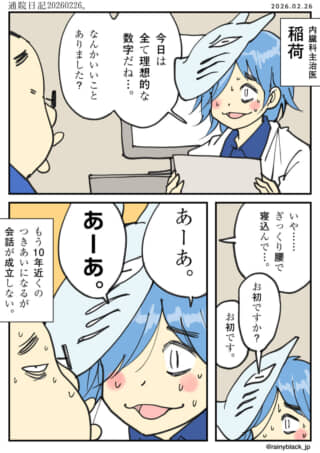医者と患者の診察風景。ぎっくり腰の話題で会話が成立しない様子。