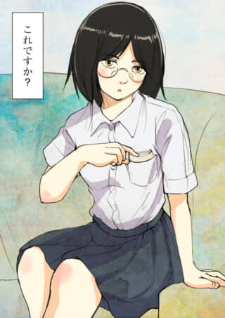 メガネをかけ、胸ポケットを指差しながら「これですか？」と問う少女