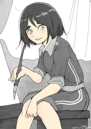筆を持ち、微笑む黒髪の少女のイラスト。