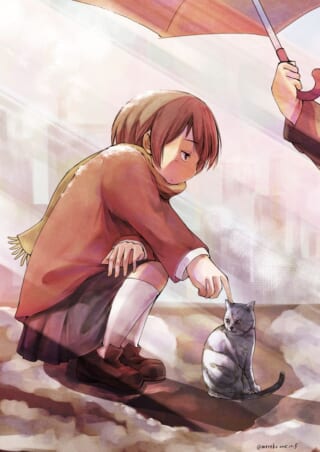 マキタが猫に手を伸ばすイラスト