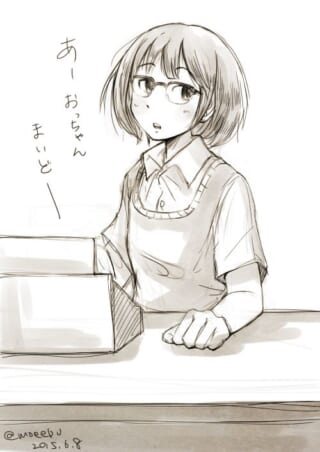 メガネをかけた少女がレジカウンターに立つモノクロイラスト