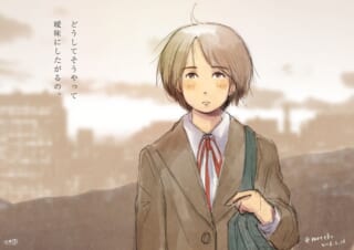 茶髪ショートの女性キャラが街中で立つアニメイラスト