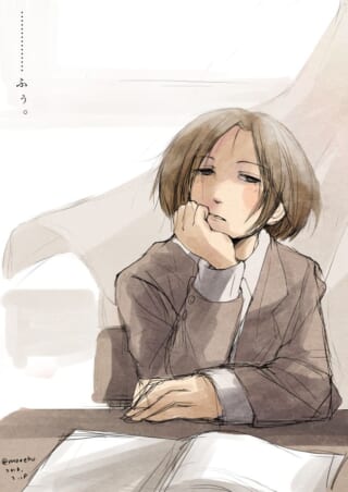 机に肘をつき物思いにふけるセキグチのイラスト