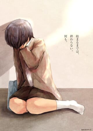 壁際で膝を抱えてうずくまる少女のイラスト