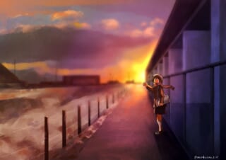 夕暮れの海沿いの道で手を振る女子学生のイラスト