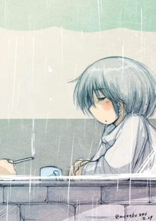 雨の中、机に伏せるさみだれちゃん