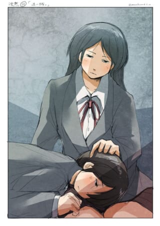 女性の膝枕で眠る人物、制服姿の少女たち