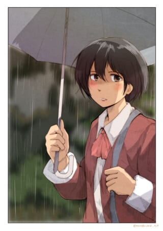 雨の中、傘を持つ少女風の女性キャラクター