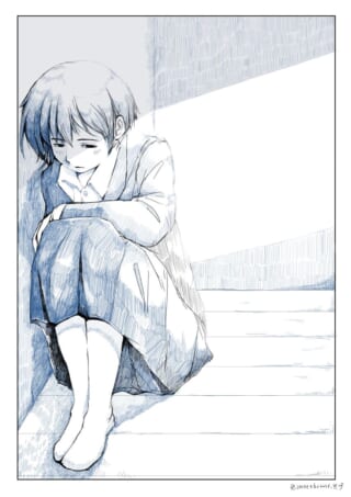 階段の隅で膝を抱えて座る少女のイラスト