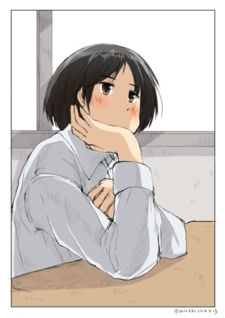 机に肘をついて頬杖をつく黒髪ショートの少女