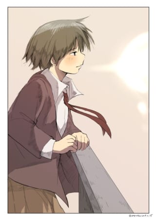 屋上の手すりに手をつき遠くを見つめる少女