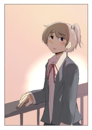 手すりに寄りかかり切なげな表情を浮かべる女子生徒