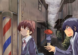 雨の路地裏で佇むマキタと笑顔で指を差すオータニ