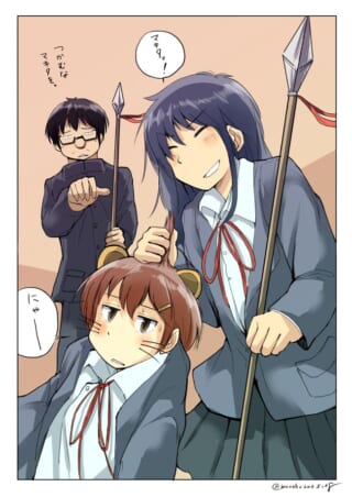 オータニに髪を掴まれるマキタと、注意するハセガワ