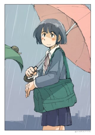 雨の中、傘を差してカタツムリを見つめるさみだれちゃん