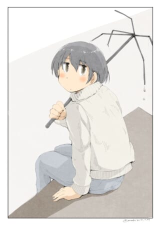 骨組みだけの傘を持ち、振り返るさみだれちゃん