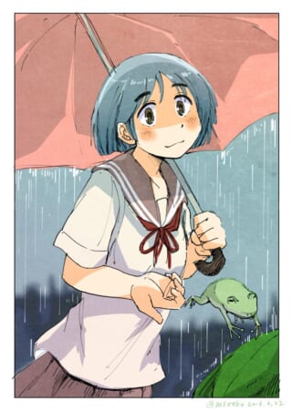 雨の中、傘を差しカエルを見つめる青髪の女子生徒
