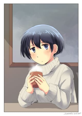 白いセーターを着てマグカップを持つさみだれちゃん