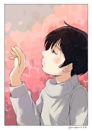 桃色の背景で空を見上げるタートルネック姿の短髪の女性