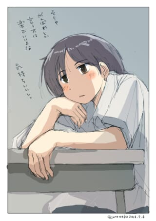 机に腕を乗せて物憂げな表情を浮かべるマキタ