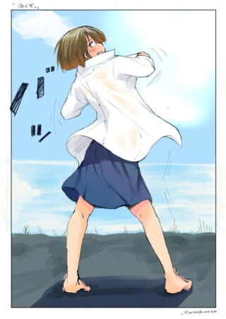海辺でシャツを脱ごうとするセキグチ