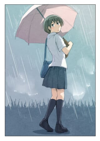 雨の中、傘を差して振り返る制服姿のさみだれちゃん