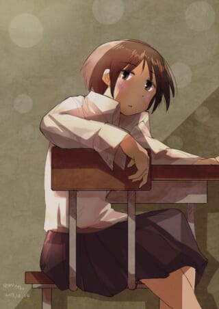 アニメ風の少女が教室の机に肘をつき物思いにふけっている