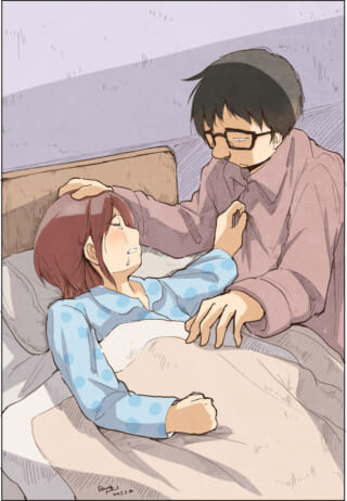 病床で泣くムロイの頭を撫でて寄り添うハセガワ