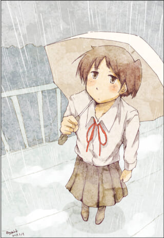 雨の中で傘を差し、空を見上げるマキタ