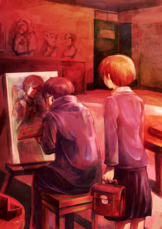 夕暮れの美術室でマキタの肖像画を描くハセガワ