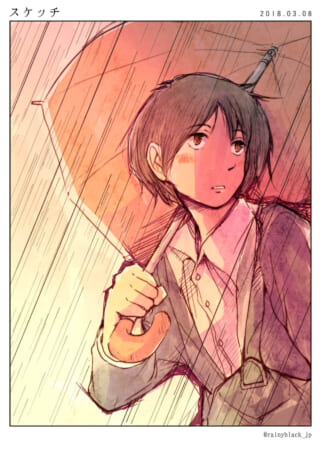 雨の中で赤い傘を差して佇むマキタ