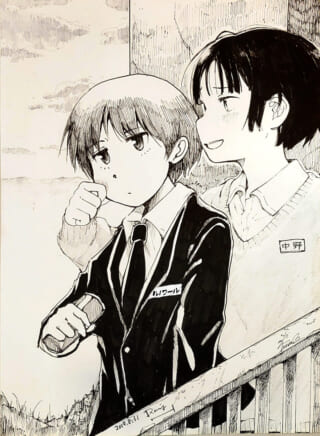 制服の女子高生二人が階段に立つイラスト