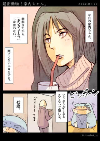 家内ちゃんがジュースを飲み、宅配便から隠れる漫画