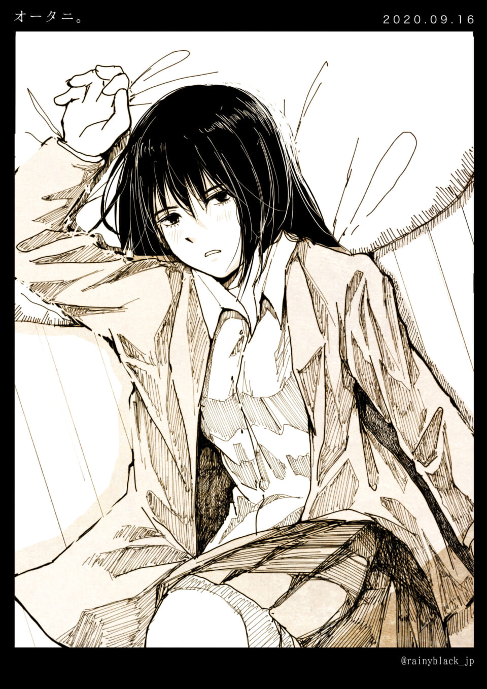 制服姿の少女が横たわる切ない表情のイラスト