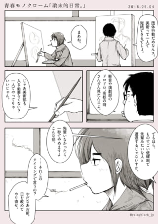 キャンバスに向かうハセガワと煙草を吸うオズ先輩