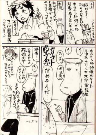 エリンギ頭の医師から検査の説明を受ける漫画