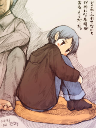 背中を預けて座るさみだれちゃんとハセガワ