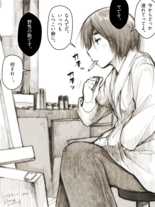 タバコをくわえて座るオズ先輩と会話する場面
