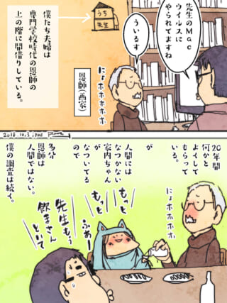 恩師の家で過ごすハセガワ夫妻と画家の恩師