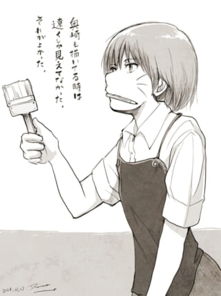 筆を手に持ち遠くを見つめる奥崎